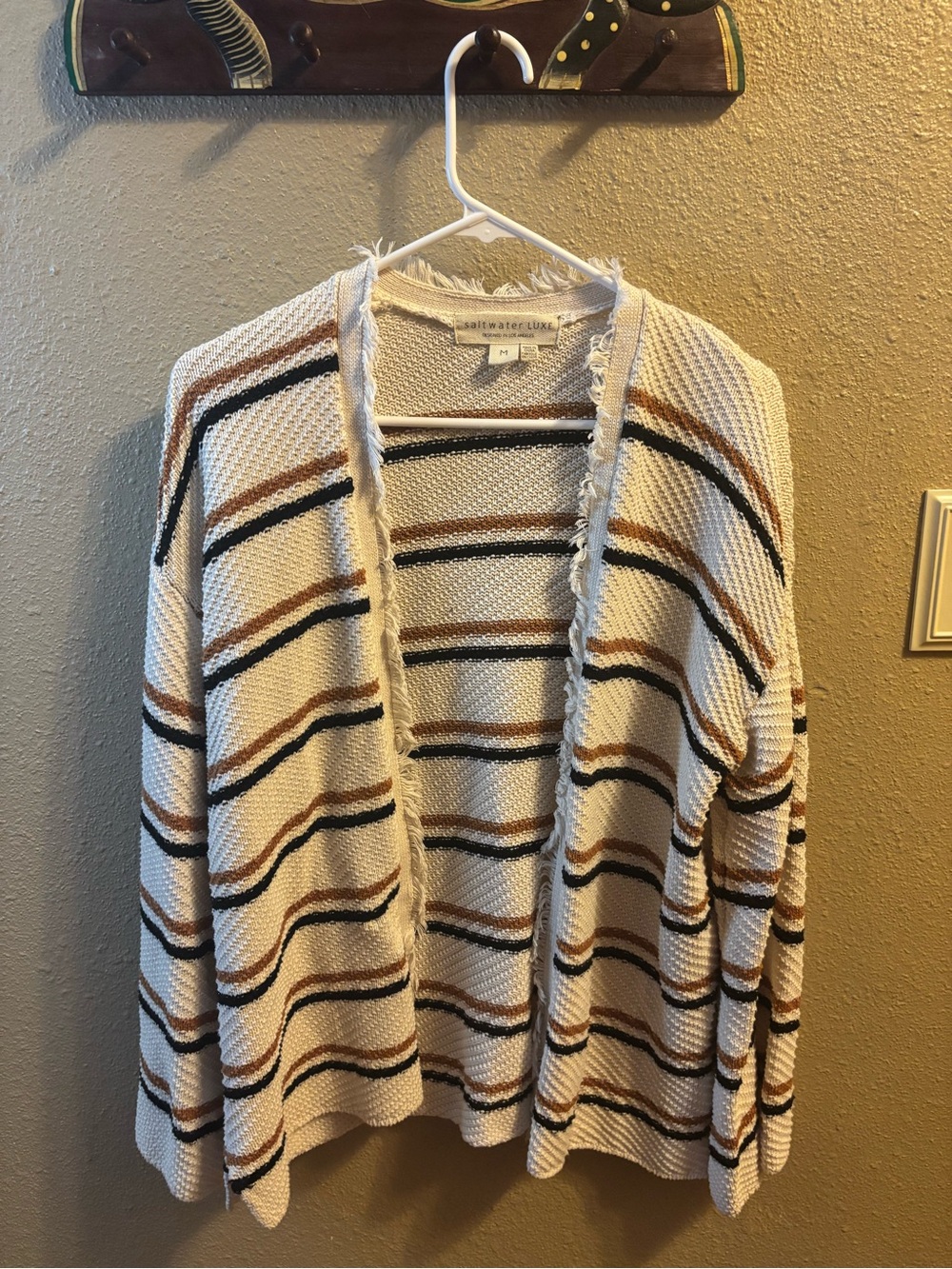 saltwater LUXE Cream Open-Front Striped Cardigan with Brown and Black Accents